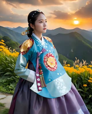 woman in traditional korean clothing stands in front of a mountain