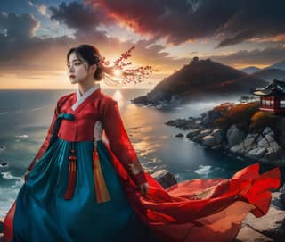 woman in traditional korean clothing stands on a cliff overlooking the ocean