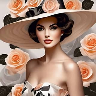 wearing a hat and roses on her dress