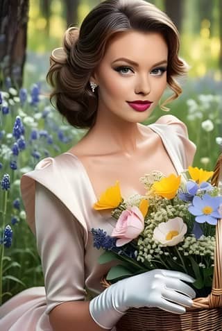 woman in a white dress holding a basket of flowers