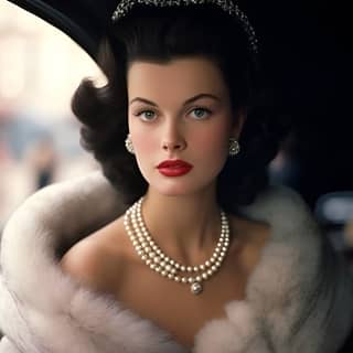 in a fur coat and pearls