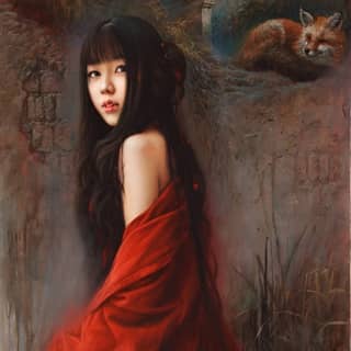 a girl in red with a fox