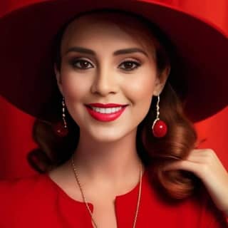 wearing a red hat and earrings