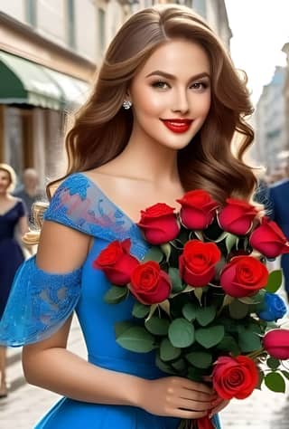 woman in a blue dress holding a bouquet of red roses