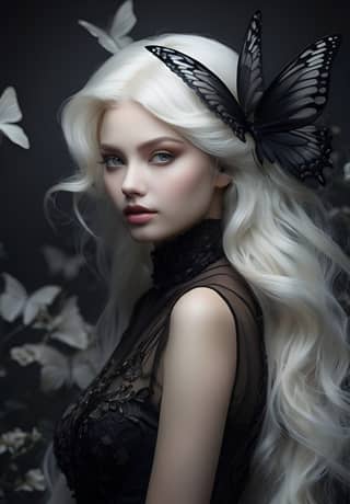 woman with long white hair and butterfly wings