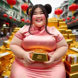 in a gold dress holding a pile of gold bars