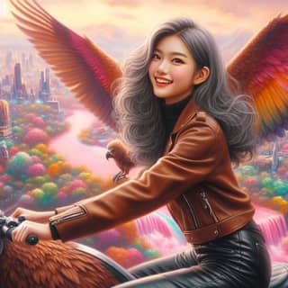 a girl with wings on her back riding a motorcycle