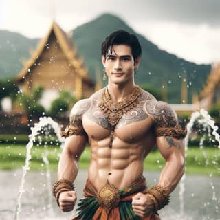 Ein männlicher thailändischer Bodybuilder posiert vor einem Brunnen.