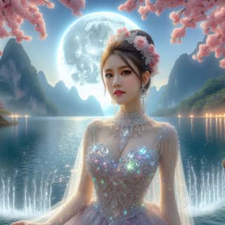 woman in a dress standing in front of a lake with a full moon