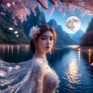 woman in a wedding dress standing in front of a river with cherry blossoms