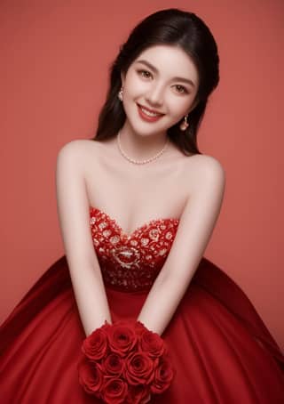 beautiful in red dress holding red roses