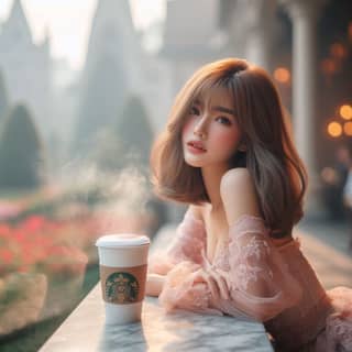 woman in a pink dress sitting on a bench with a starbucks cup