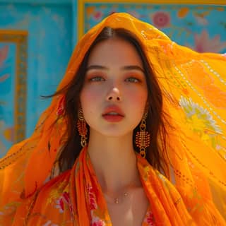 in an orange dress and a flowery scarf