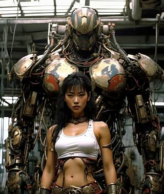 in a bikini standing next to a giant robot