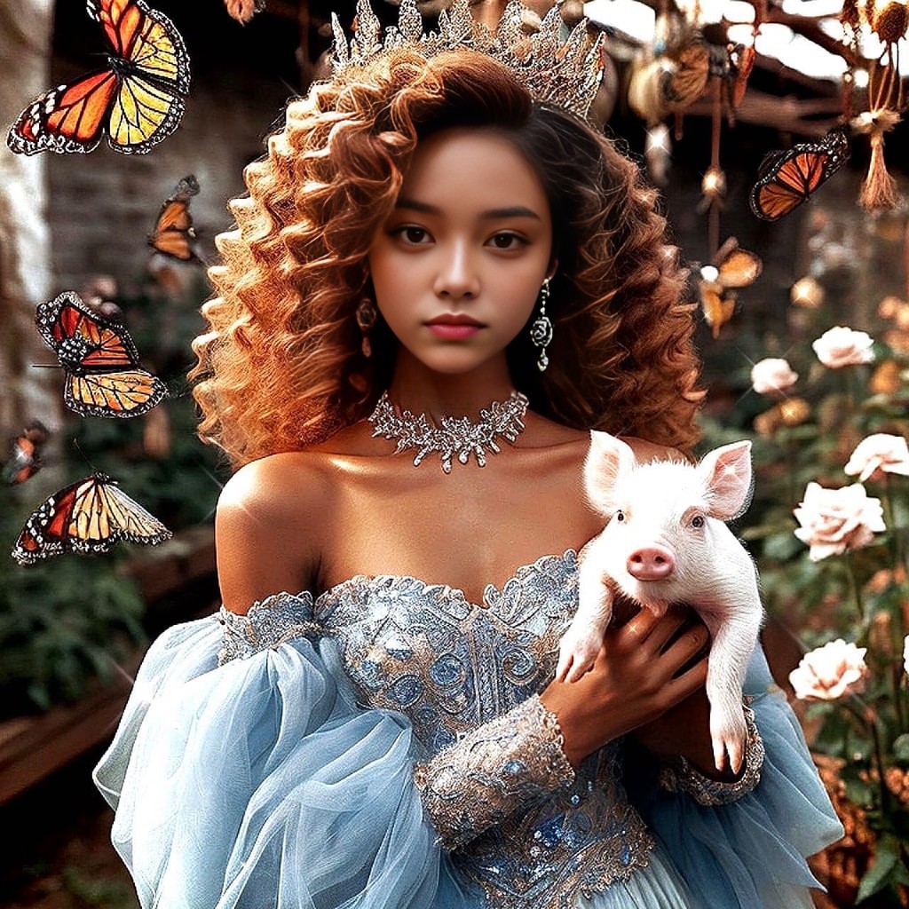 in a dress holding a pig and butterflies