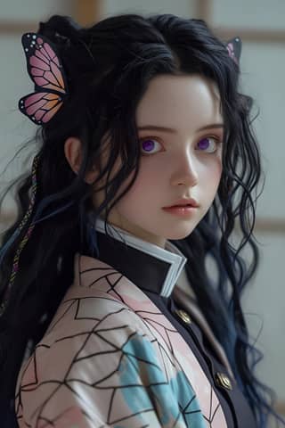 a girl with long black hair and butterfly wings