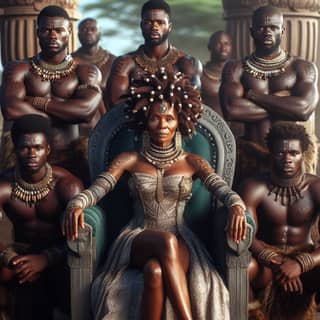 in a traditional african dress sits on a throne surrounded by men