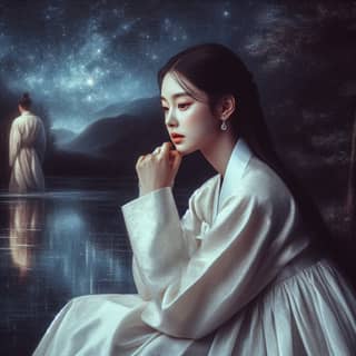 in traditional korean dress sitting by the water