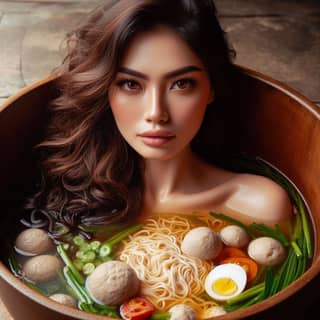 woman is in a bowl of noodles