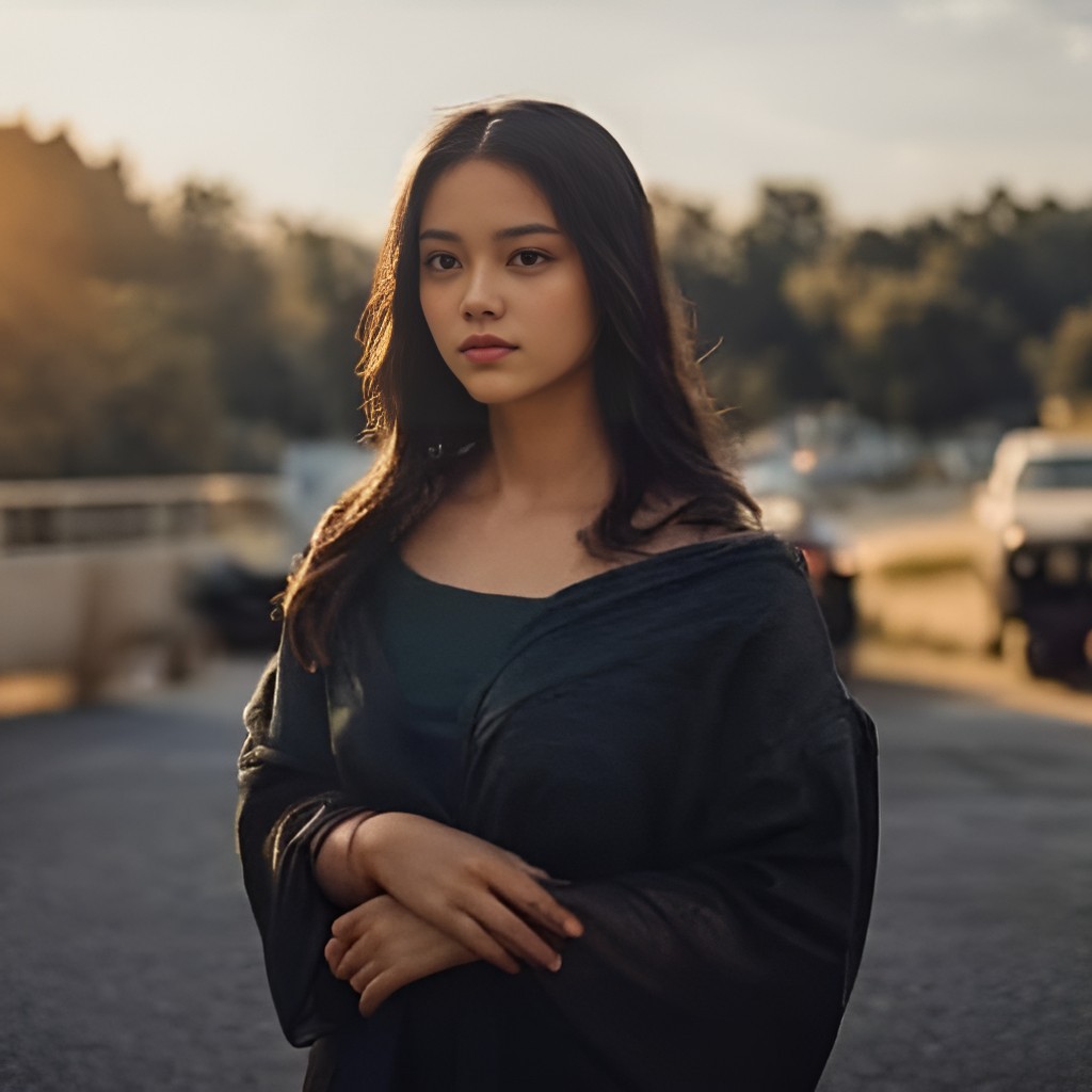 in a black dress standing on a road