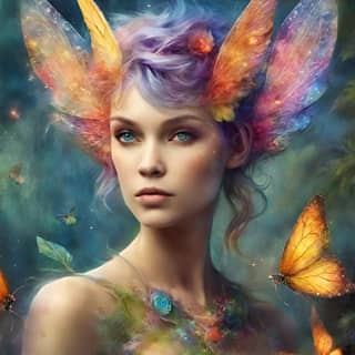 woman with butterfly wings and colorful hair