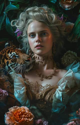 woman with flowers and a tiger