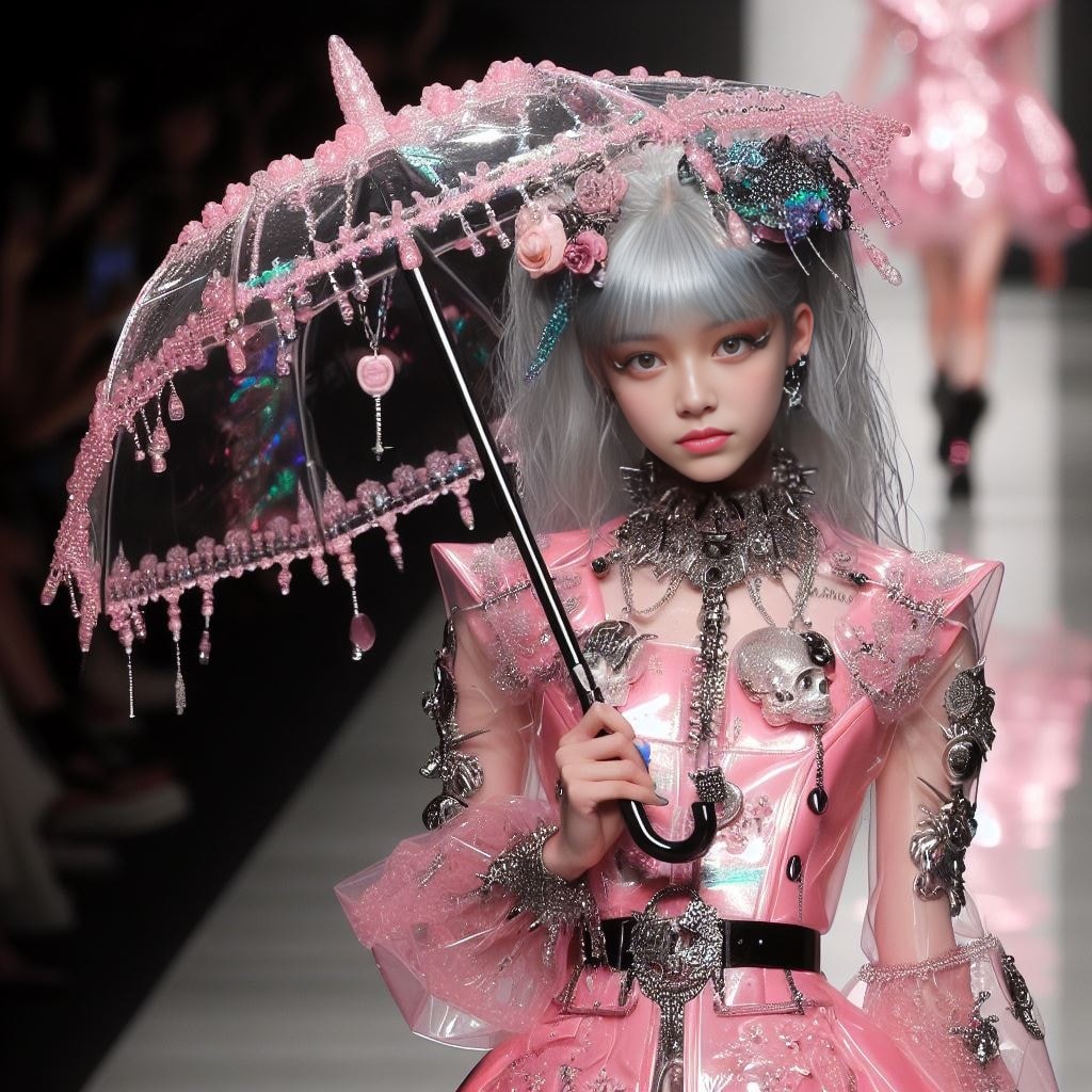 a model walks the runway with an umbrella