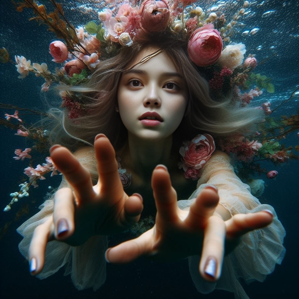 woman in a floral wreath underwater