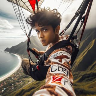 O menino está praticando parapente sobre o oceano.