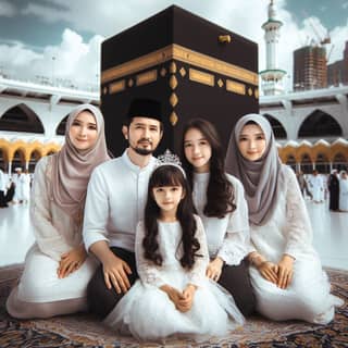 a family posing for a photo in front of the kaaba