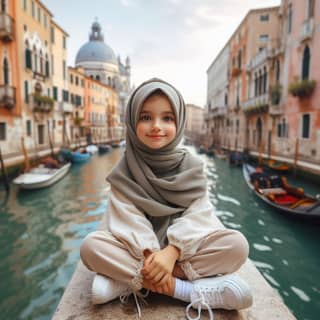 a little girl in a hijab sitting on a wall in venice