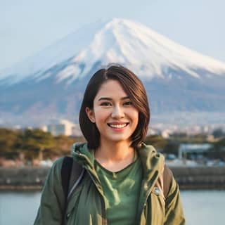 smiling in front of a mountain