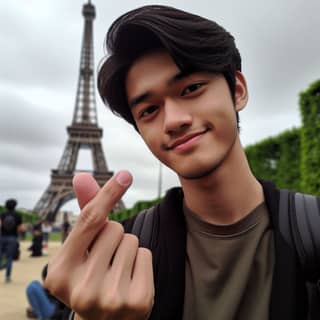 Com um dedo levantado na frente da Torre Eiffel.