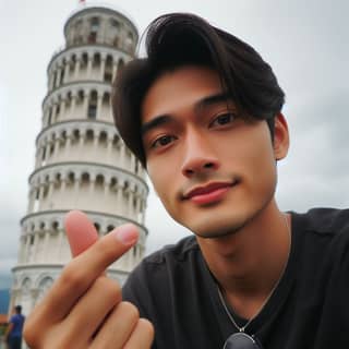 with a finger up in front of the leaning tower of pisa