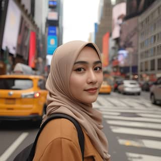 in a hijab is standing in the middle of a busy city street