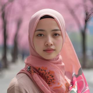 in a pink hijab stands in front of a tree