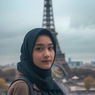 wearing a hijab in front of the eiffel tower