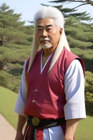 Un homme asiatique dans un gilet rouge et une ceinture noire.