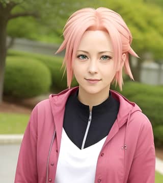 Memakai jaket pink dengan rambut pink.