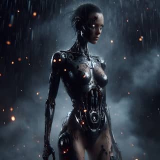 a female robot standing in the rain