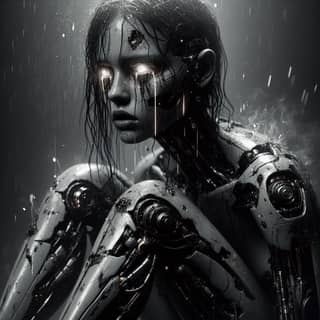 a robot woman in the rain with her hands on her knees