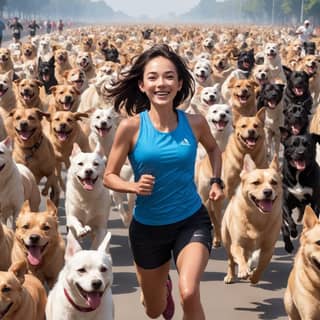 大きなグループの犬と一緒に走る