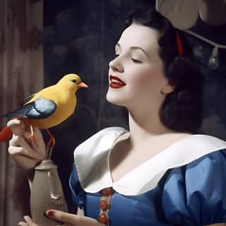 Une personne tient un oiseau jaune tout en portant une robe bleue.