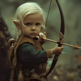 a little boy with blonde hair is holding a bow and arrow