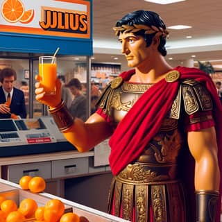 a statue of a roman soldier holding an orange juice