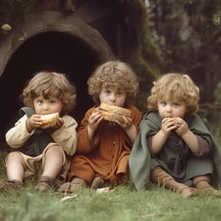 three children sitting in front of a hole in the ground eating food