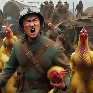 in military gear holding a chicken