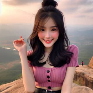 in pink top posing on top of a mountain