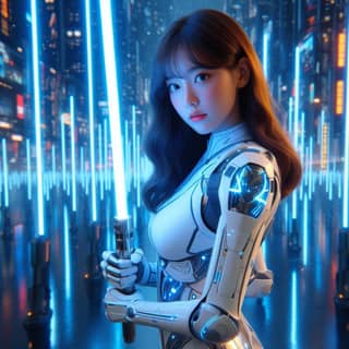 in a futuristic suit holding a light saber