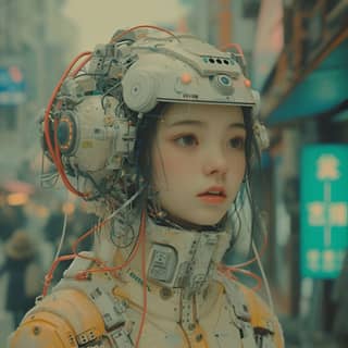 a girl wearing a helmet with wires on her head